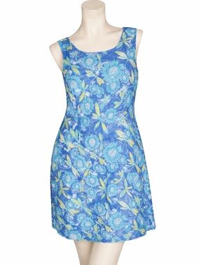 Lilly Pulitzer Blue Floral Linen Blend Sleeveless Shift Dress Size 10 Lined